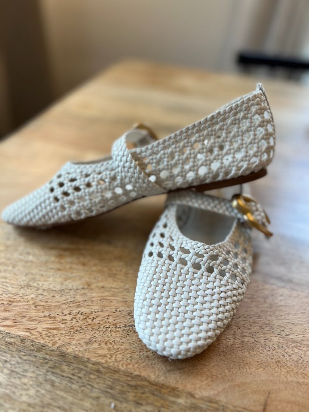 Larroude Cream Woven Mary Jane Flats with Gold Buckles - Picture 4 of 10